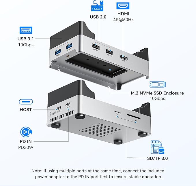 ANYOYO Mac mini M4 Dock and Stand, 10-in-1 Aluminum USB-C Hub with M.2 NVMe SSD Enclosure, 4K 60Hz Dual HDMI, 10 Gbps USB-C/A, 30W PD-in, Smart Fan Cooling, Wi-Fi Signal Friendly Design, Silver