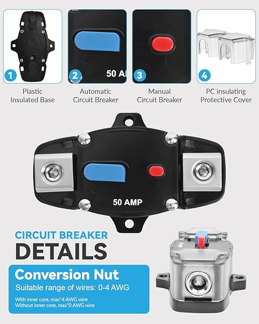 250 Amp Circuit Breaker 12-48 Volt DC 250A Self Recovery Resettable High Amp Circuit Breaker with Manual Reset Button for Automotive RV Marine Boat Car Audio and Amps Protection