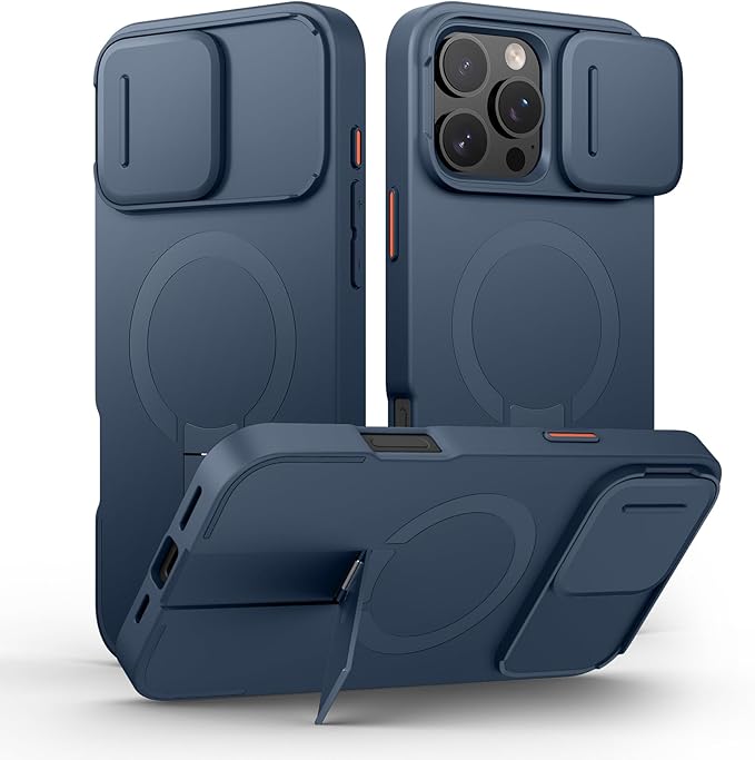 SURITCH for iPhone 16 Pro Max Case with Magnetic Camera Slide Cover and Adjustable Kickstand, Compatible with MagSafe, Shockproof Bumper Case Slim Protective Cover 6.9 Inch, Blue
