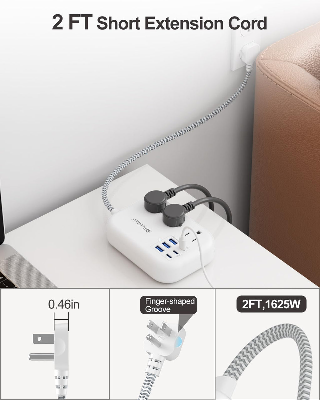 Beeiker Short Extension Cord 2 Foot Travel Power Strip 6 USB 3 Outlets