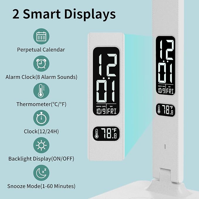 LED Desk Lamp for Home Office, USB Charging Port, Reading Lamp Desk Light with 5 Brightness, 3 Colors, Table Lamp with Clock, Alarm, Date, Temperature, Desk Lamp for College Dorm Room (White)