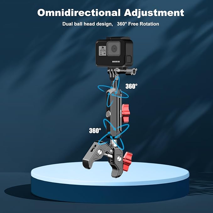 Camera Clamp Mount, Super Clamp Mount with Double Ball Head Magic Arm for Bike Handlebar & Aluminum Alloy & 360°Rotating Ebike Handlebar Bracket for DJl,Go pr0, lnsta36o X5 X4 X3,78005