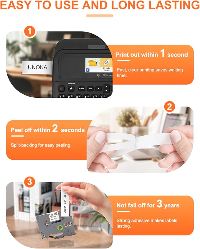 UNOKA 24mm .94 Laminated White Tz Tape Replace for Brother Label Maker Tape TZe-251 151 451 551 651 751, for Ptouch PT-D610BT PT-D610BTVP PTD600 PTP700 PTP710BT PTP910BT, 0.13-0.94 3.5-24mm, 6PK