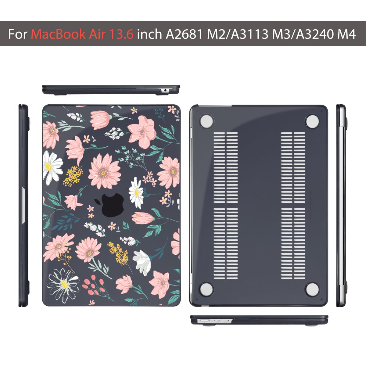 Teryeefi for MacBook Air M4 M3 M2 13 inch Case fits Model A3240 A3113 A2681, Hard Shell for MacBook Air 13.6" 2022-2025 Released with Keyboard Cover+Screen Protector+Type C Adapter, Petal and Flowers
