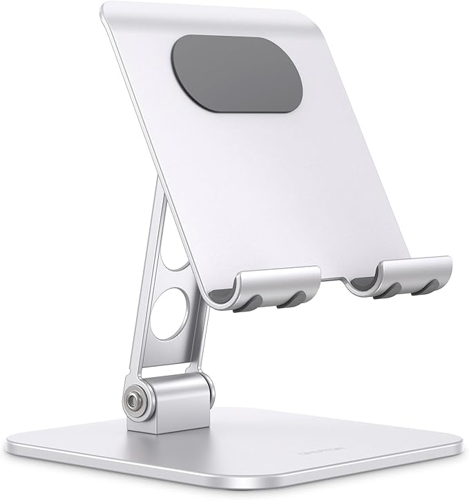 OMOTON Upgraded Adjustable Tablet Stand Holder, Heavy Duty Foldable Portable Monitor Stand, Travel Essentials for iPad Pro/Air/Mini, Surface Pro, Portable Monitor 4.7''-15.6', Silver