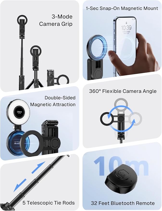 MAGIC JOHN Phone Tripod with 2 Selfie Light, Portable Pocket Size Selfie Stick for iPhone Magsafe, Selfie Stick with Wireless Detachable Remote Control for Photograph, Live Streaming, Video Recording
