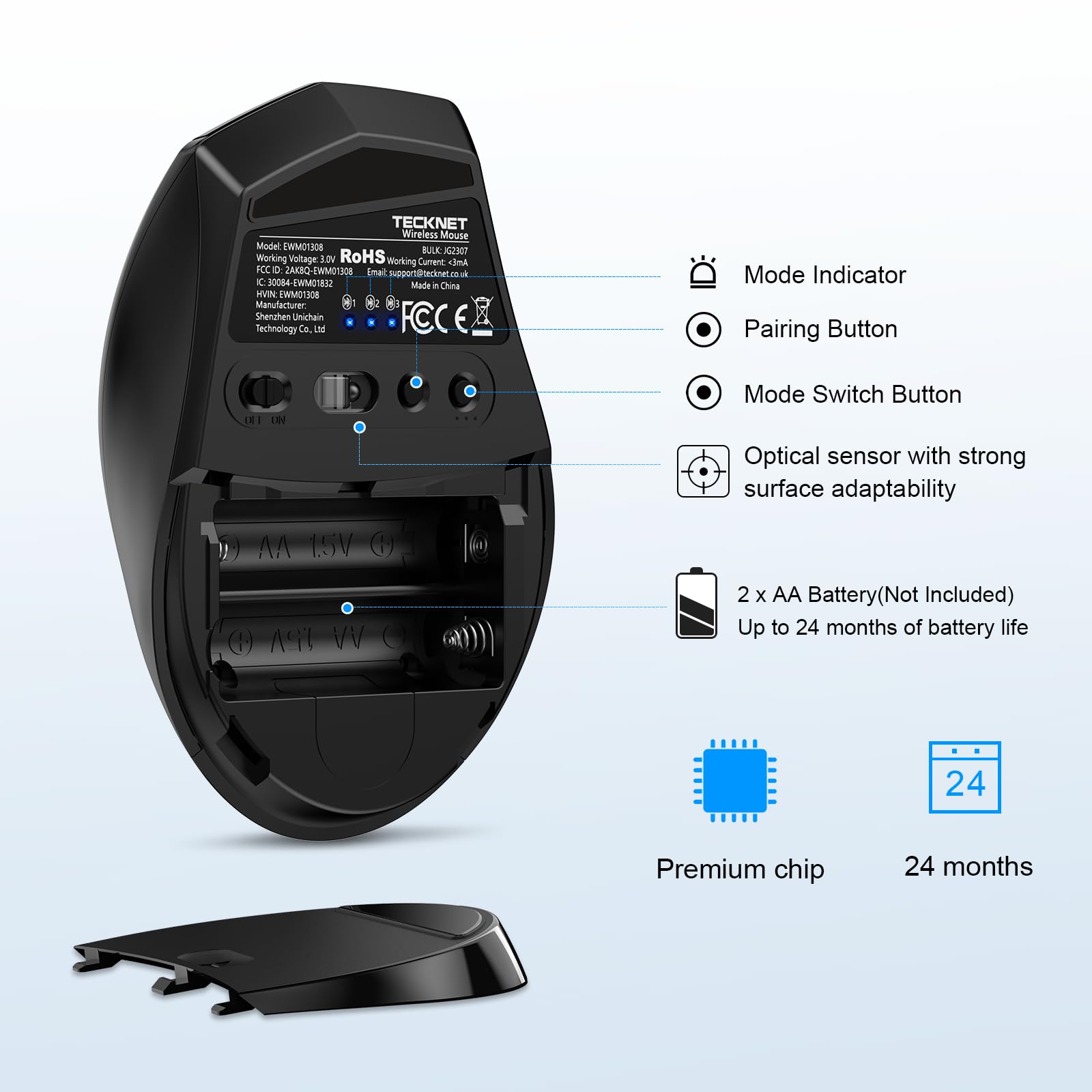 TECKNET Bluetooth Mouse, Wireless Silent 6 Buttons 2-Yr Battery, Black