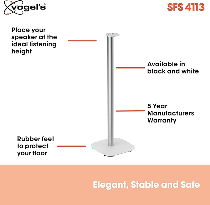 Vogel's SFS 4113 Speaker Floor Stand for Sonos ERA 100, Cable Inlay System, Height: 32,3 inch (82 cm), Exceptionally Stable, White, 1 Floor Stand