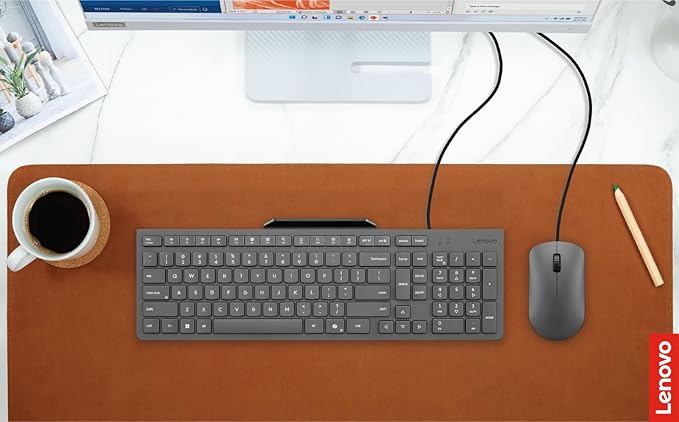 Lenovo 310 USB-A Wired Keyboard Mouse Combo, Quiet Keys, Ultra-Slim Gaming Design, Spill-Resistant, Integrated Phone Stand, Compatible w Laptop, PC, Tablet – Ergonomic Mouse Mechanical Keyboard USB