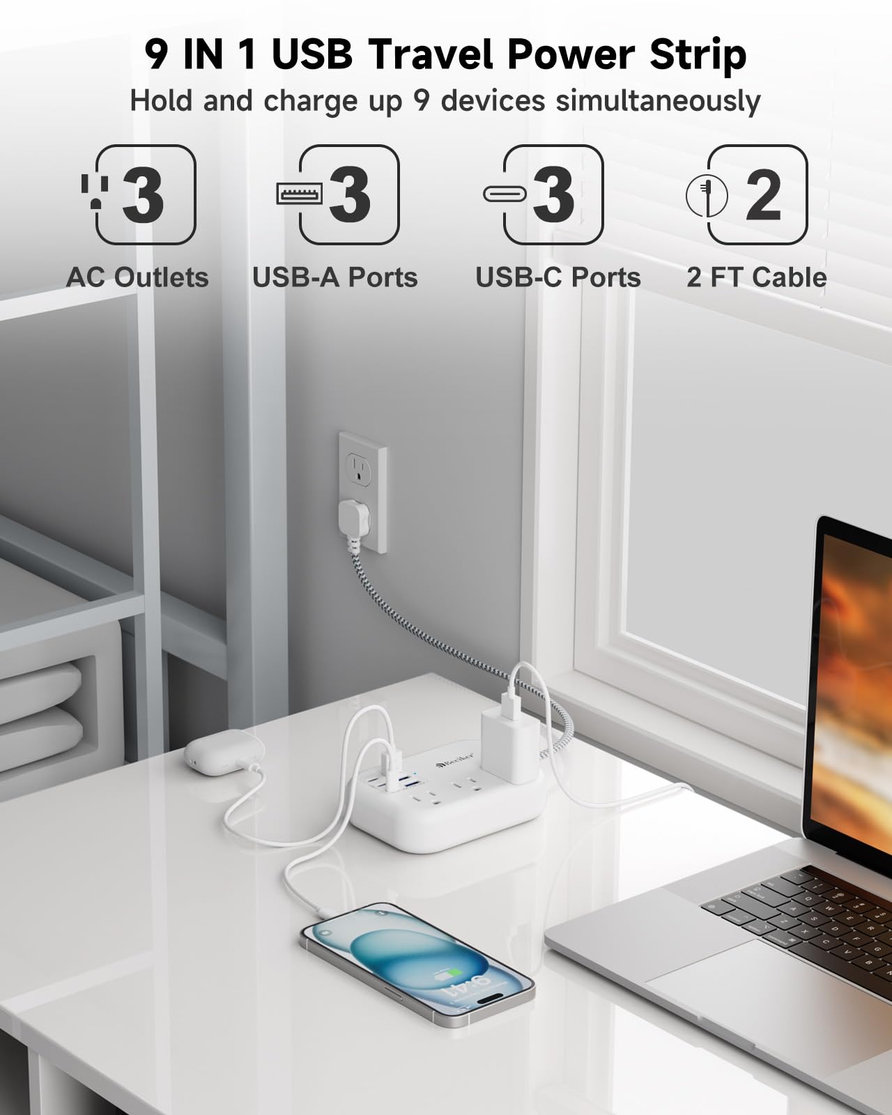 Beeiker Short Extension Cord 2 Foot Travel Power Strip 6 USB 3 Outlets
