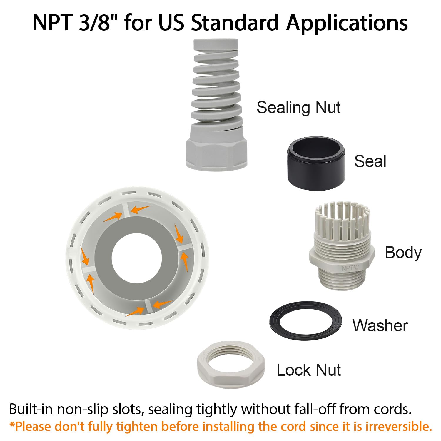 LeMotech 10Pcs NPT 3/8" IP68 Waterproof Cable Gland Flex Spiral Strain Relief Grey Nylon Joint with Gaskets for 5-10mm Wire Thread