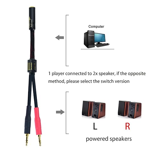 Arklove 1ft Shielded 1/8" aux Input 3.5mm Female to 2X 3.5 Output Splitter Stereo Audio Video Cable Out 3.5 Male to Two 3.5 Male in Dual Speaker Cord 24k Gold Plated