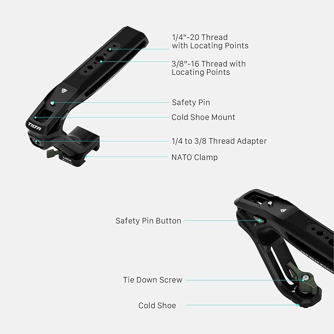 Tilta Xeno Top Handle for Filmmakers & Cameras - Black | Aluminum Alloy and Silicone Build | Fits Most Cameras/Cages | 1/4"-20 Threads w/Locating Points | Safety Release Pin (Dual 1/4"-20)