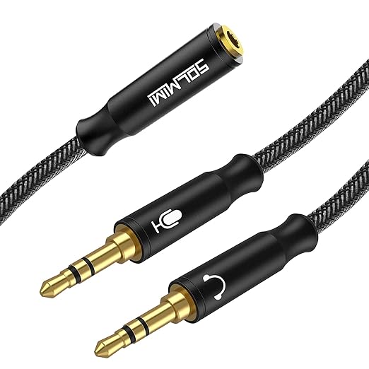 Headset Splitter Cable for PC 3.5mm Crystal-Nylon Braid Female to Dual 3.5mm TRS Male Headphone Mic Audio Y Splitter Cable CTIA Gaming Headset to PC Adapter - Matte Black 0.3M