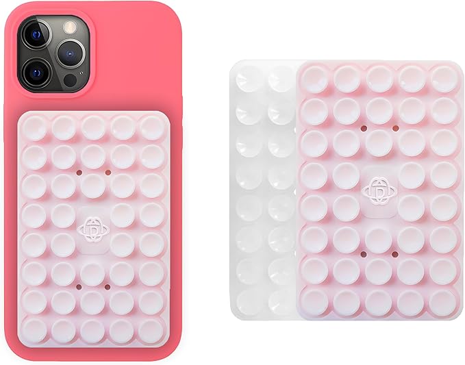 Silicone Double-Sided Suction Phone Grip Detachable Mount - Car Dashboard/Shower Phone Holder, Hands-Free For Selfies & Videos, ASMR- iphone & Android Compatible (Large, Transparent+BabyPink)