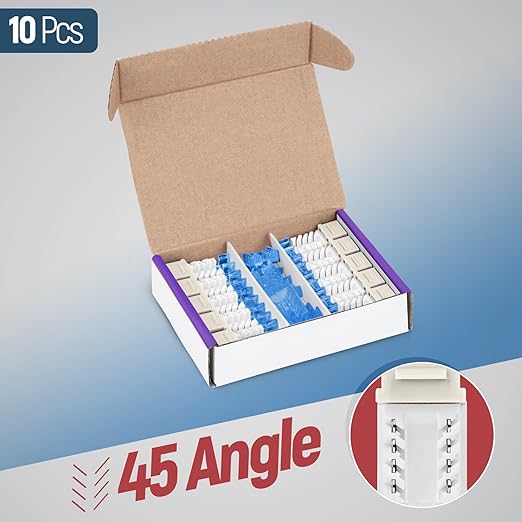 Everest 45° Angled RJ45 Cat5e Keystone Jacks 10-Pack in Light Almond - Slim Profile Female RJ45 Connectors - Cat 5e Keystone Jack - Compatible with 45° Angled Speed Termination Tool - 45Term