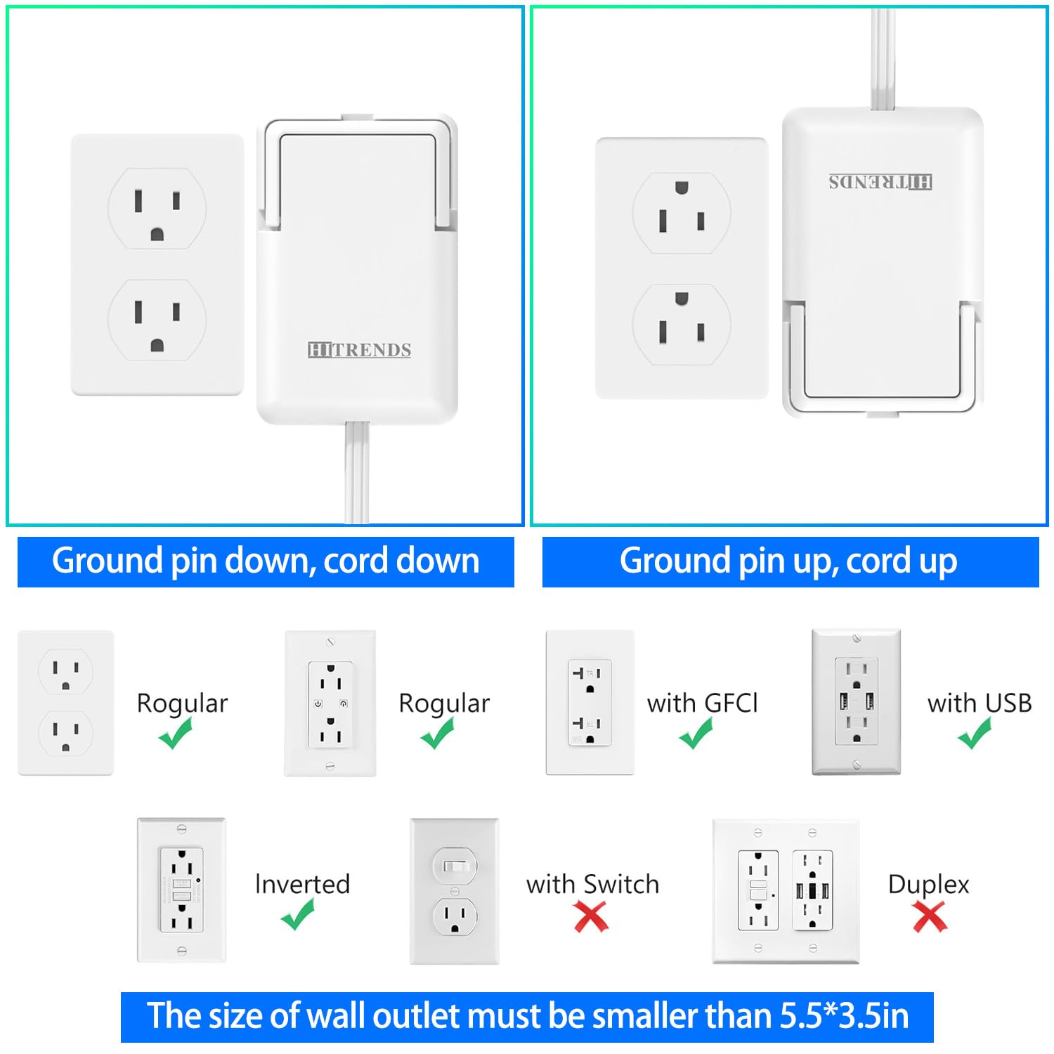 6FT Ultra-Thin Flat Plug Power Strip with 5 Outlets & 3 USB Ports | Child & Pet-Safe, 1625W, Wall-Mounted Cord Organizer, Universal Size Outlet & Plug Concealer with Cord Clips(UL Listed)