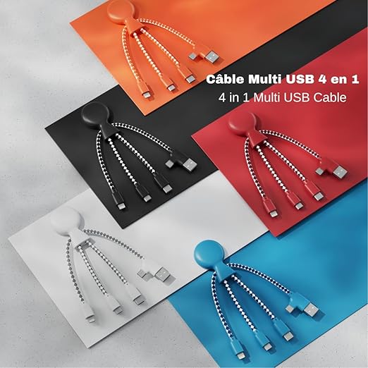 Mr Bio 4 in 1 Multi USB Cable Octopus Design Black - Universal Recycled Plastic Charger - USB Plug - USB-C - Lightning - Micro USB for Universal Smartphone