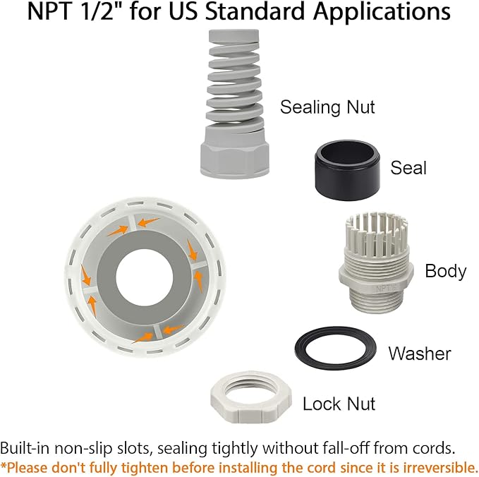 LeMotech 5Pcs NPT 1/2" IP68 Waterproof Cable Gland Flex Spiral Strain Relief Grey Nylon Joint with Gaskets for 6-12mm Wire Thread