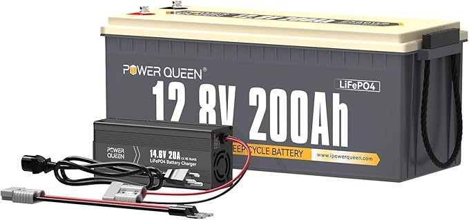 Power Queen 12.8V 200Ah LiFePO4 Battery with 14.6V 20A LiFePO4 Battery Charger; Built-in 100A BMS, Fully Charged Capacity, 2560Wh Energy, Perfect for RV, Camping, Solar System, Power Outage