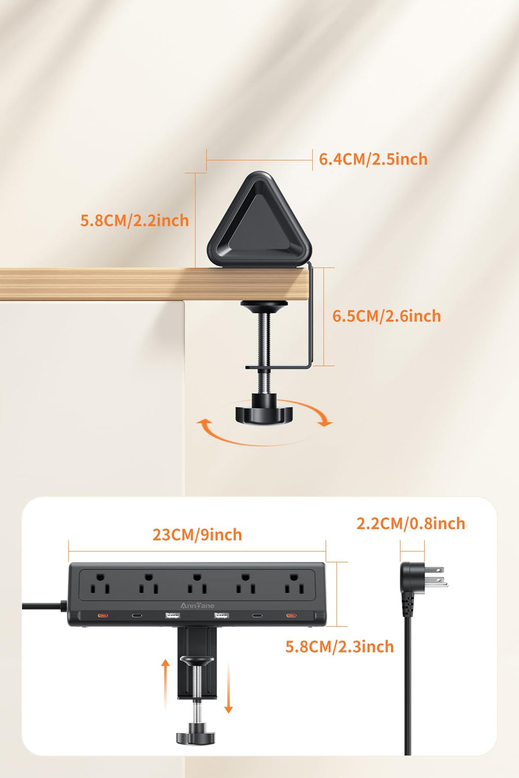6.5 FT Desk Clamp Power Strip with 5 AC Outlets & 6 USB Ports PD 40W USB-C Fast Charging, Extension Cord with Multiple Outlets, Fits 2.1 in top Edge Black