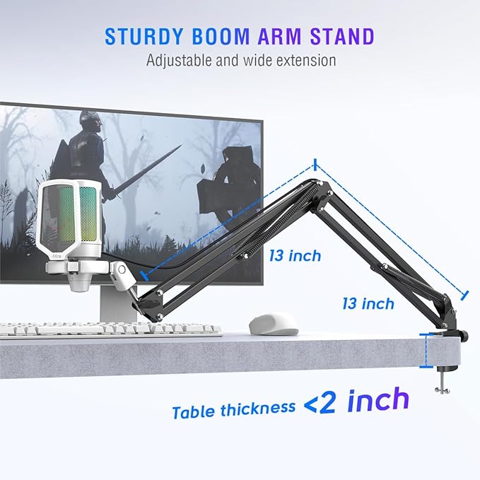 FIFINE Streaming Gaming USB Microphone Kit, PC Condenser RGB Mic Compatible with PS4/PS5, Plug and Play for Music Recording, Online Game, Discord, Twitch, with Pop Filter, Shock Mount-A6T White