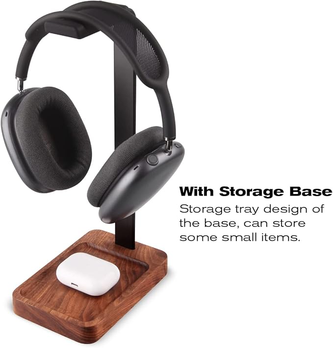 Walnut Wood & Aluminum Headset Holder, Desktop Headphone Stand, Universal headphone holder for most music gaming headsets - Black Walnut