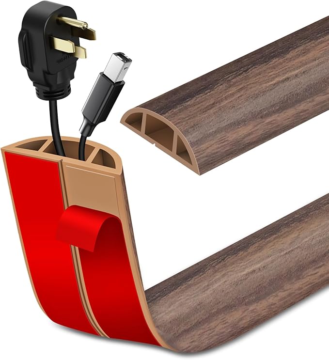 Floor Cord Cover Self Adhesive Cord Hider Floor Extension Cord Covers for Floor Power Cord Protector Cable Management Prevent Cable Trips Cable Cavity 0.59" W x 0.31" H (Smoked Brown Wood, 3.3Ft)