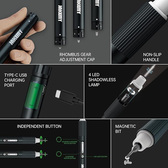 JAKEMY Cordless Electric Screwdriver,Upgraded 3 Gear Adjustable Torque Screwdriver kit Magnetic Precision Power with LED light USB Rechargeable Portable Laptop Repair Tool Kit, (JM-E21B)