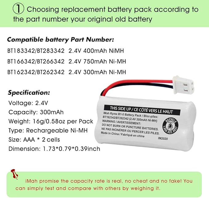 iMah BT162342/BT262342 2.4V 300mAh Ni-MH Cordless Phone Battery Pack, Also Compatible with BT183342/BT283342 AT&T BL102-3 EL52351 TL90070 VTech CS5119 DS6511 DS6722 LS6305 Handset, 3-Pack
