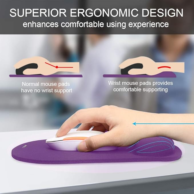 TECKNET 2 Pack Mouse Pad with Wrist Support, Ergonomic Gaming Mouse Pad Pain Relief, Portable Comfortable Mousepad for Computer, Laptop, Office, Home Non-Slip Base, Waterproof Surface - Purple