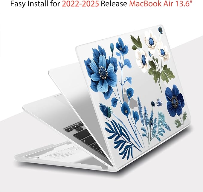 Teryeefi for MacBook Air M4 M3 M2 13.6 inch Case 2025 2024-2022,Fit Model A3240 A3113 A2681, Laptop Hard Shell Cases with Keyboard Cover & Screen Protector for MacBook Air 13.6", Blue Plant Flower