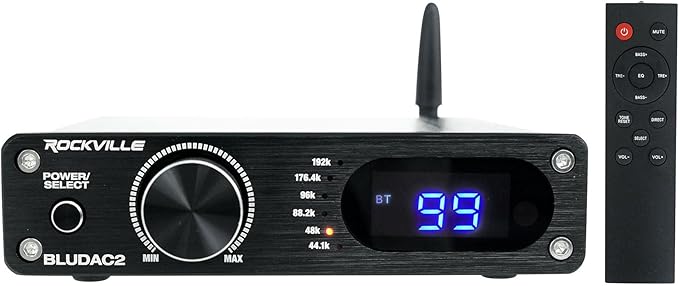 Rockville BLUDAC2B 75W x 2 Hi-Res 192K DAC Amplifier Home Bluetooth Receiver, Optical/Sub Out, USB-C, Class-D for Home Audio