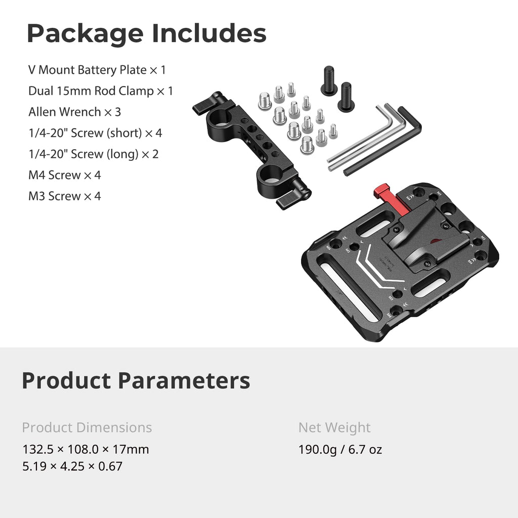 SmallRig V Mount Battery Plate, V-Lock Battery Plate with Dual 15mm Rod Clamp, 1/4"-20 & 3/8"-16 Threaded Holes, for SmallRig V Mount Battery VB99 SE / VB99 / VB99 Pro, for Neewer PS099E