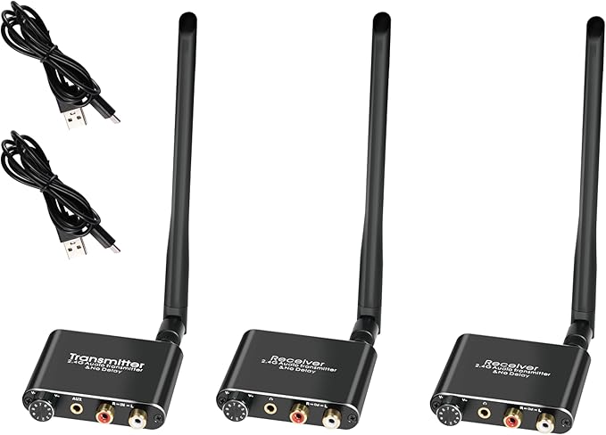 eppfun 50m/2.4G Wireless Audio Transmitter Receiver for 2 Subwoofer/Active Speaker/Power Amplifier/Home Stero, with 20ms Low Latency,192kHz/24bit HiFi, 165Feet/ RCA/3.5mm Audio (only Audio)