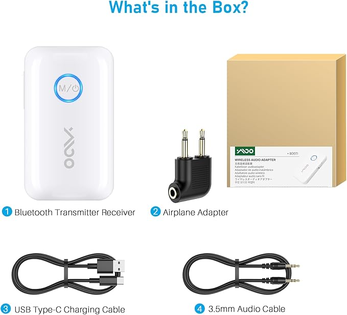 YMOO Bluetooth 5.3 Transmitter Receiver for 2 Wireless Headphones/Speaker/Airplane, 3.5mm Jack AUX Bluetooth Audio Adapter, 22h Long Range AptX Low Latency for Smarphone/Tablet/PC/TV/Home Stereo