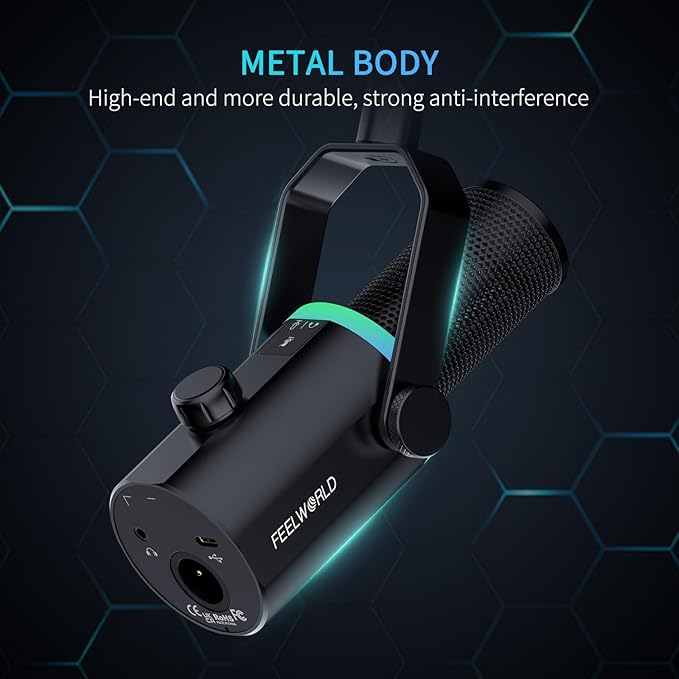 FEELWORLD PM1 XLR USB Dynamic Microphone with Desktop Stand Gifts for Podcast Recording PC Computer Gaming Live Streaming Vocal Voice-Over, Studio Metal Mic, RGB Light, Mute Button, Headphones Jack