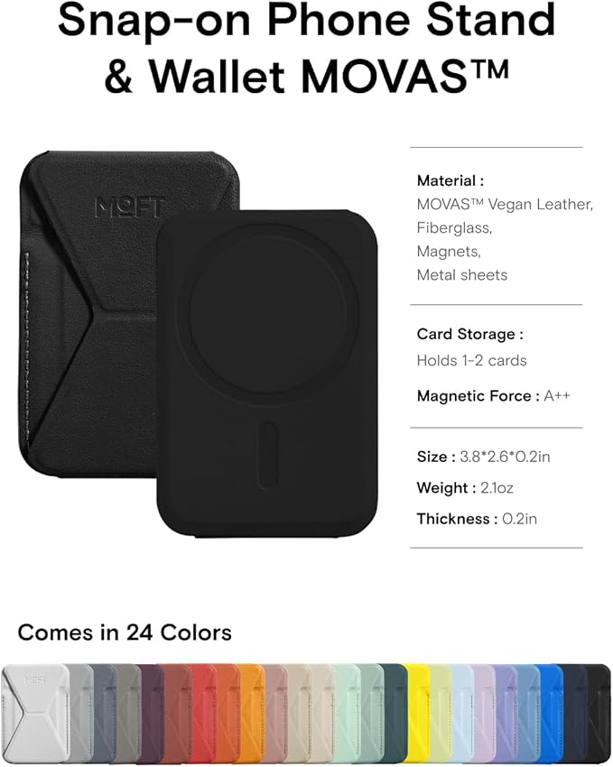 MOFT Magnetic Wallet Stand Compatible with iPhone 16/15/14/13/12 Series, Angle Adjustment & Magsafe Compatible MOVAS Phone Stand,Jet Black