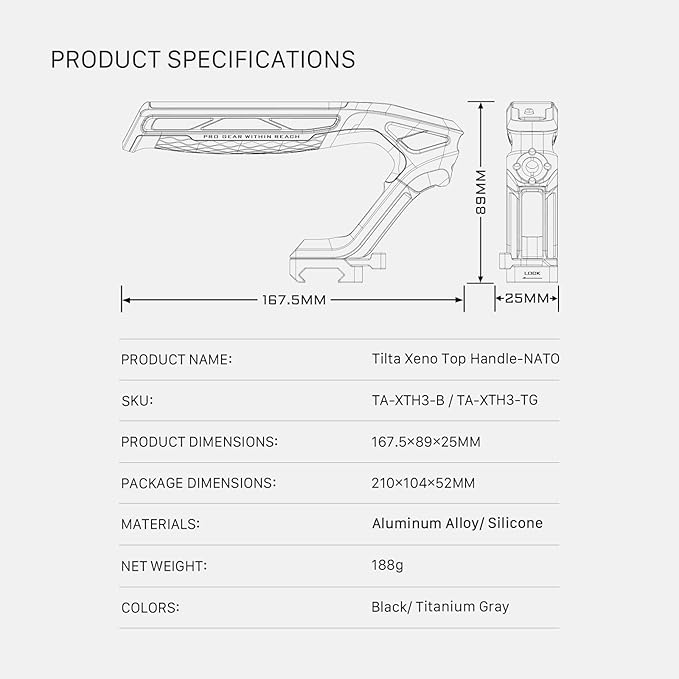 Tilta Xeno Top Handle for Filmmakers & Cameras - Black | Aluminum Alloy and Silicone Build | 1/4″-20 and 3/8″-16 Threads w/Locating Points | Safety Release Pin | Comfortable Handling (NATO)