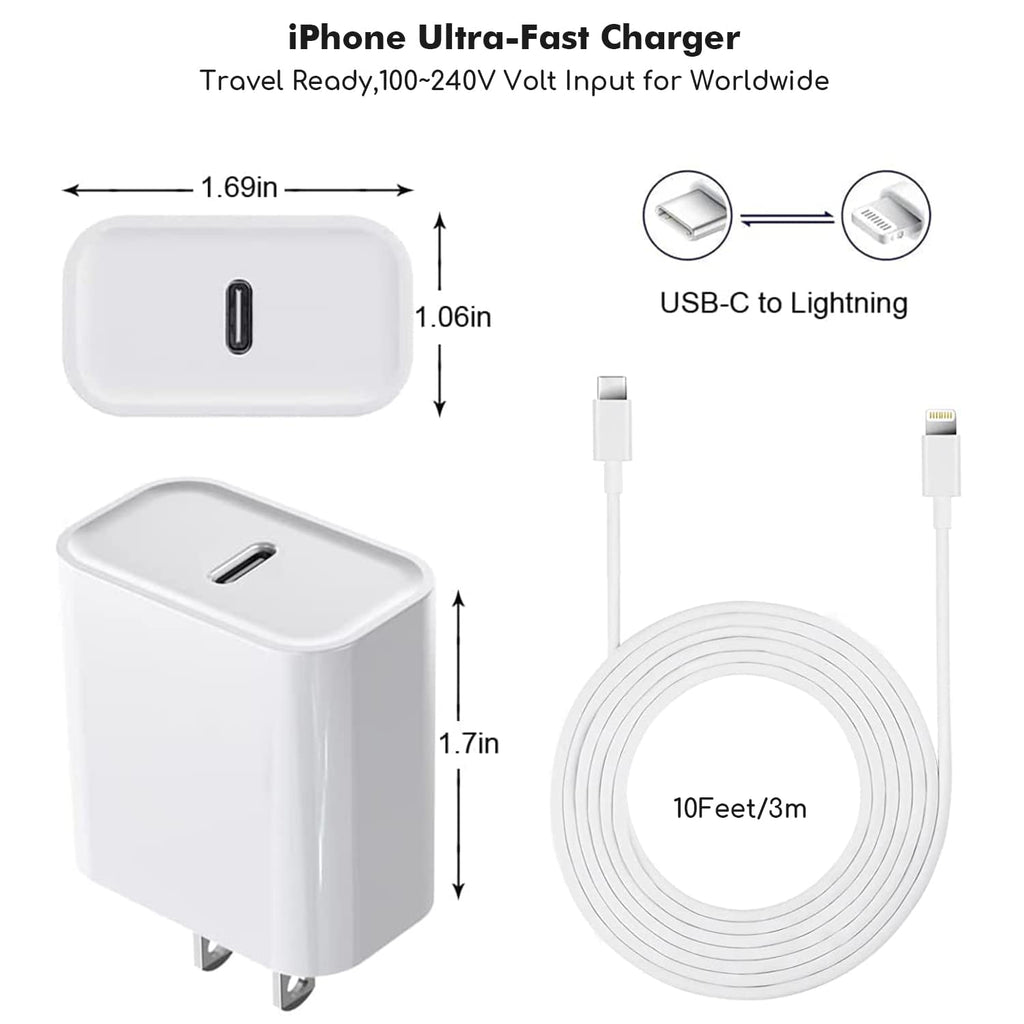 Fast iPhone Charger, Quick 10Foot USBC Wall Charger Phone Charge 2Pack PD USB C Fast Charge Block + Long 10FT Lightning Fast Charging Cable for iPhone 14/Pro/Pro Max/Plus/13/12/11/XS/XR/X/SE2022/iPad