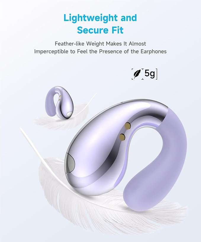 Ultra Open Ear Earbuds - Ergonomic Clip-On Earbuds, Small Bone Conduction Over-The-Ear Headphones with Waterproof Design, Perfect Running Headphones for Sports and Fitness, Purple