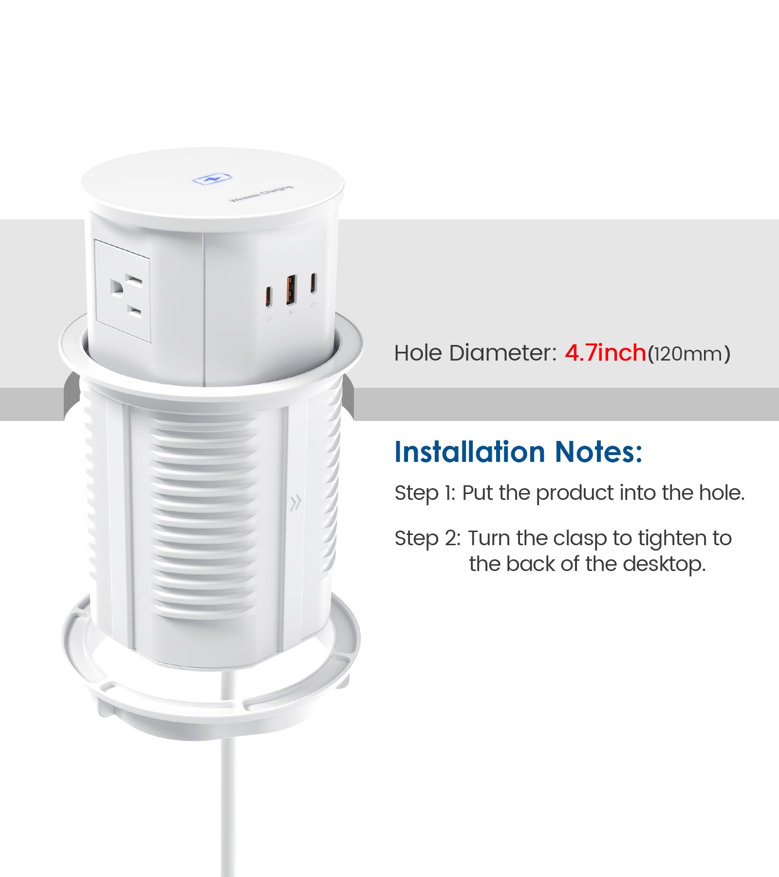 Pop up Outlet for Countertop with 15W Wireless Charger,65W USB C Charging Station,4 Outlets,2 USB C,USB A,Tamper Resistant Receptacle,4.7-inch Hole Power Grommet,Desk Recessed Outlet,White