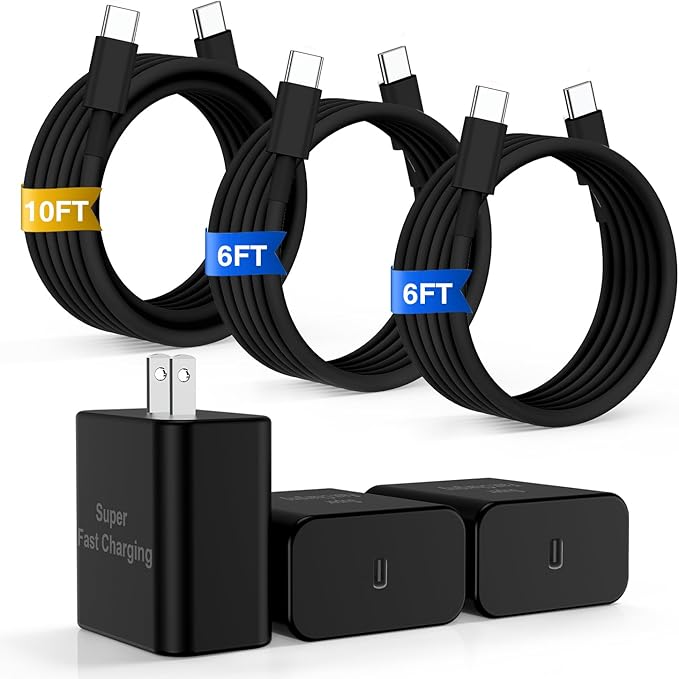 iPhone 16 Pro Max Charger Fast Charging, 45W Super Fast USB C Chargers for iPhone 16 15 6FT+6FT+10FT Type C Chargers Cord with Fast Charger Block for iPhone 16/15 Series/iPad/ GalaxyS24 Black