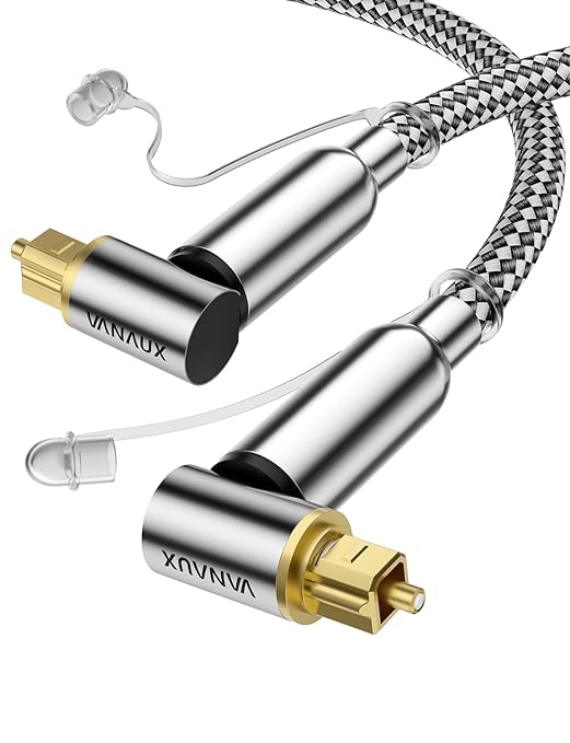 VANAUX 90-Degree Optical Audio Cable 15FT,90 Degree to 90 Degree Fiber Optic Toslink Cable(24K Gold-Plated Connectors,Braided Jacket) Ideal for Tight Spaces,Home Theater,Soundbars,Gaming Consoles