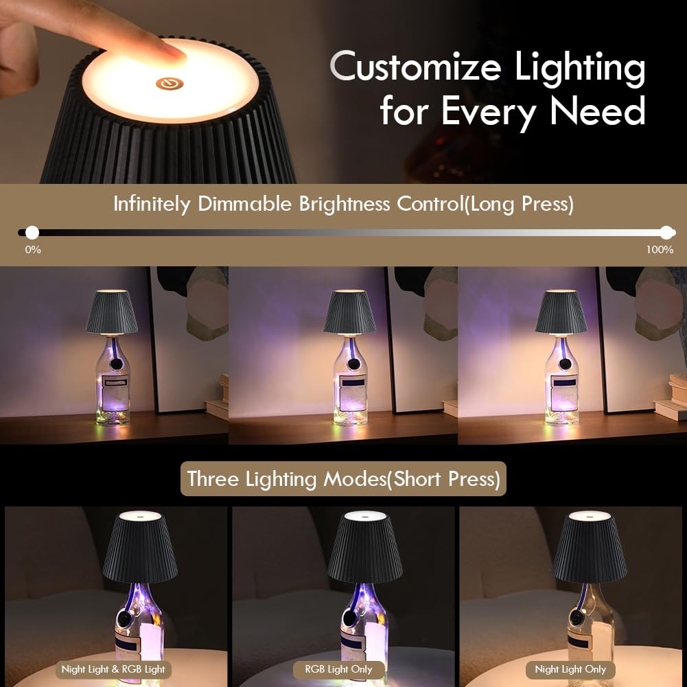 WILIT Wireless Bottle Lamp for Liquor Bottles, 3-Level Brightness LED Night Lights, Wine Lamp for Home Decor, Unique Table Lamp with RGB Lights, Rechargeable Bottle Lights for Bedroom, Black