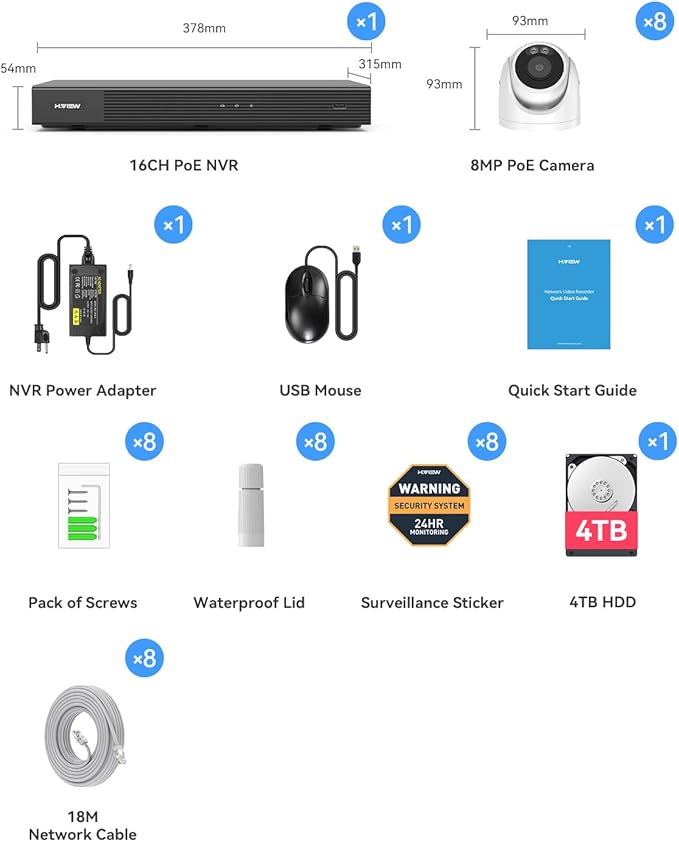 H.VIEW 4K 16 Channel Security Camera System 16Pcs CCTV Camera kit PoE 8MP Indoor Outdoor Dome Wired Surveillance Video with Audio,16CH 4K H.265 NVR with 4TB HDD, CCTV Surveillance for Businesses
