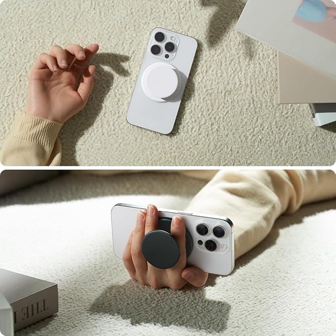 Sinjimoru for MagSafe Phone Grip, Soft Silicone Magnetic Finger Grip for iPhone 16/15/14/13/12, Comfortable One-Touch Holding, M-Tap Tok White