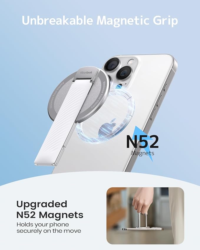 2025 Klearlook for MagSafe Phone Grip with Silicone Finger Strap, Removable Magnetic Phone Ring Holder with Adjustable Kickstand, Finger Phone Ring Grip for iPhone 16/15/14/13/12 Series, White