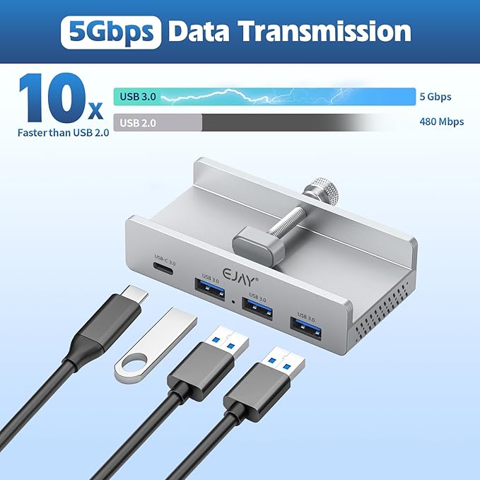 EJAY Mountable 4Ports USB3.0 HUB Alu Desktop Clamp Type C USB3.0 Splitter for Desk/Monitors with Extra Power Supply Port,59inches Data & 39inches Power Cables-5Gbps (JK-3A1C-SV)