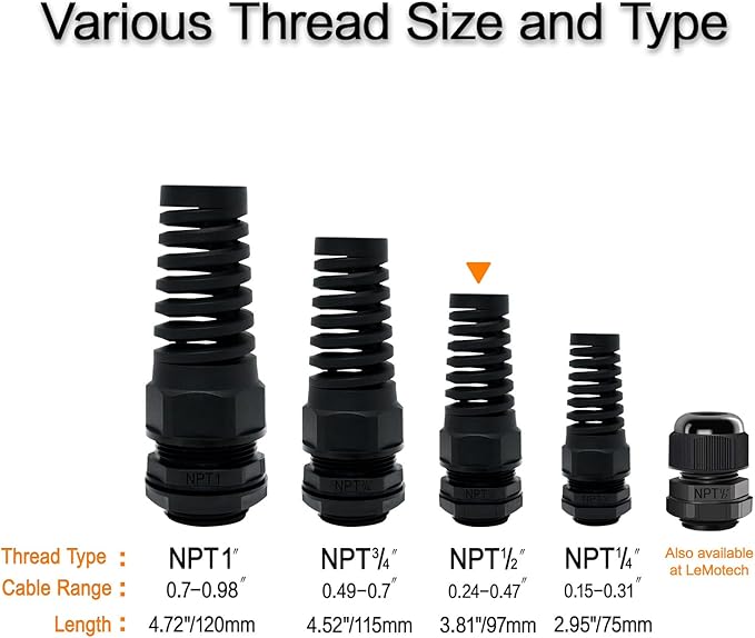 LeMotech 2Pcs NPT 1/2" IP68 Waterproof Cable Gland Flex Spiral Strain Relief Black Nylon Joint with Gaskets for 6-12mm Wire Thread